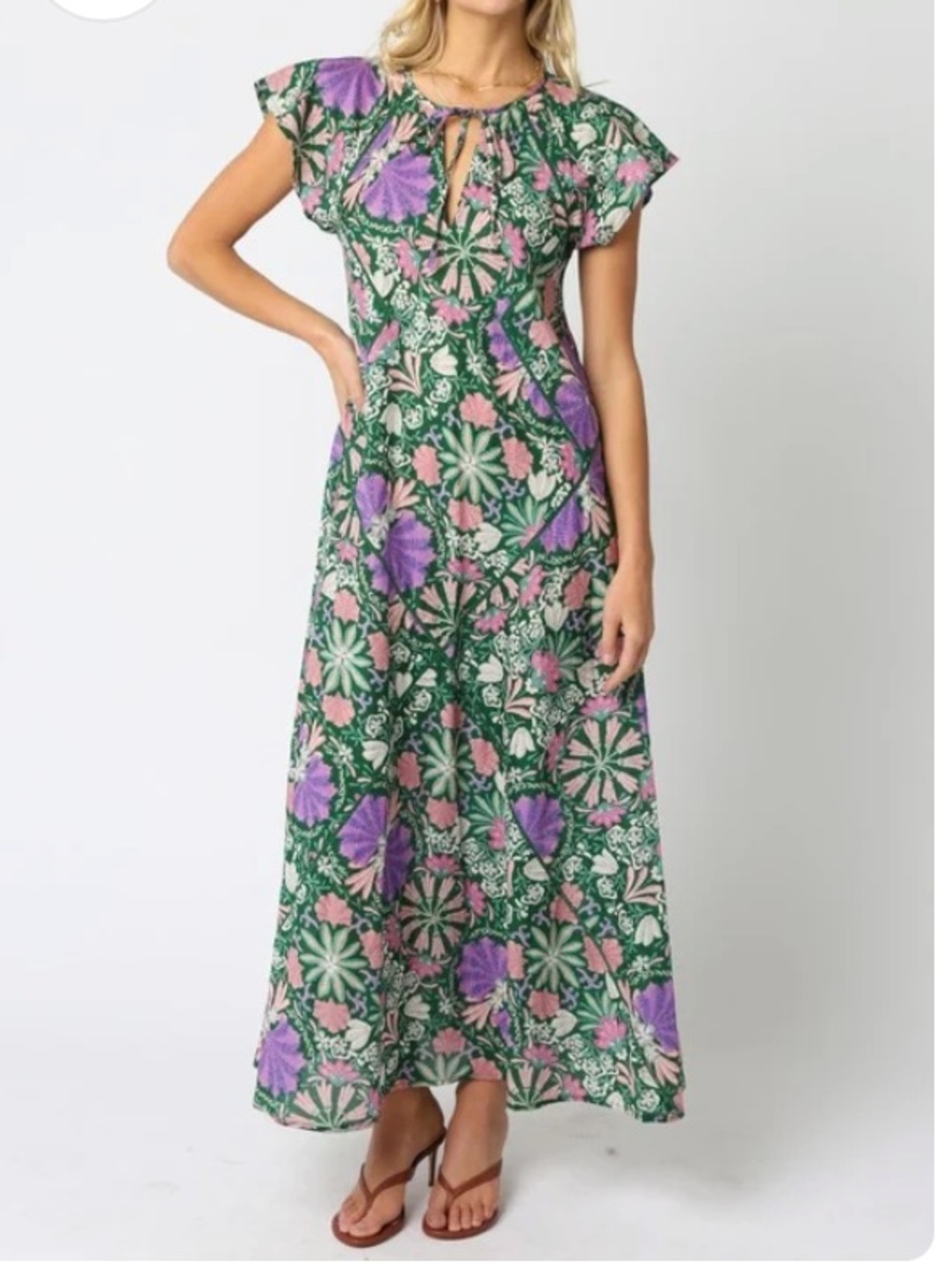 Green Floral Maxi Dress with Pink & Purple Blooms